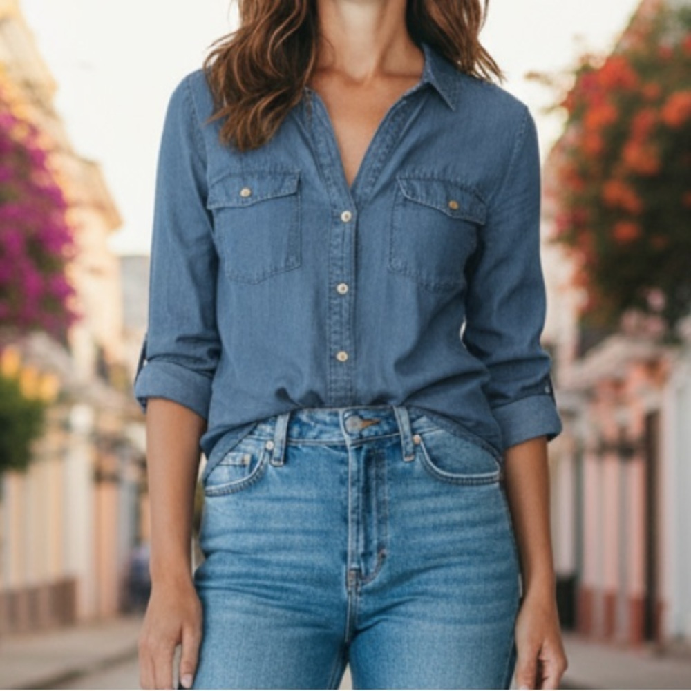 Bella Dahl Soft Denim Button Roll Tab Sleeves Henley Pullover